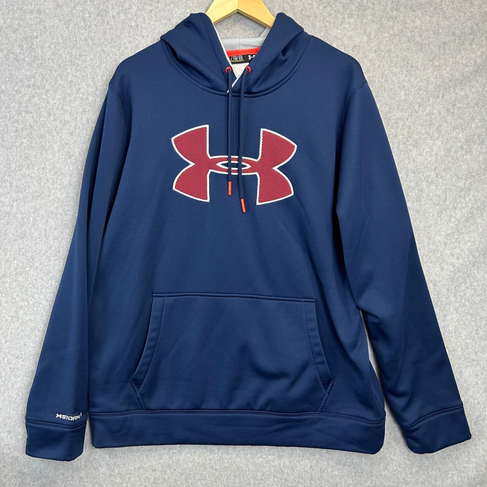 Under Armour Hoodie Navy Blue Orange Storm1 ColdGear Embroidered Logo Mens XL